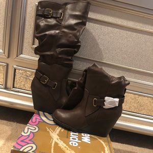 Brown leather wedge boots